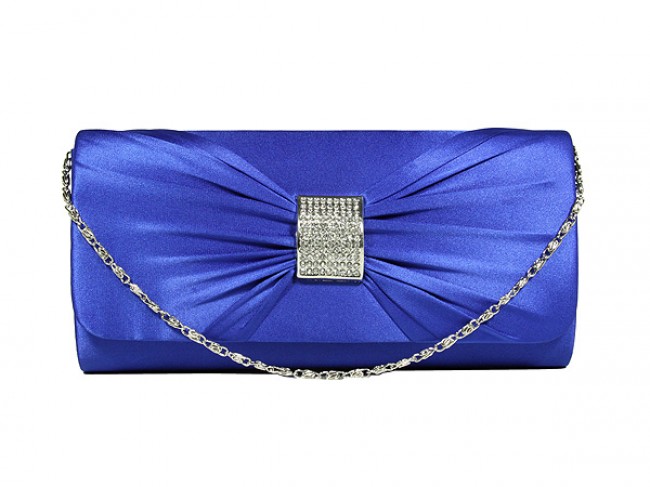 Evening Bag - Satin w/ Rhinestone Square Charm Bow - Blue - BG-92021BL